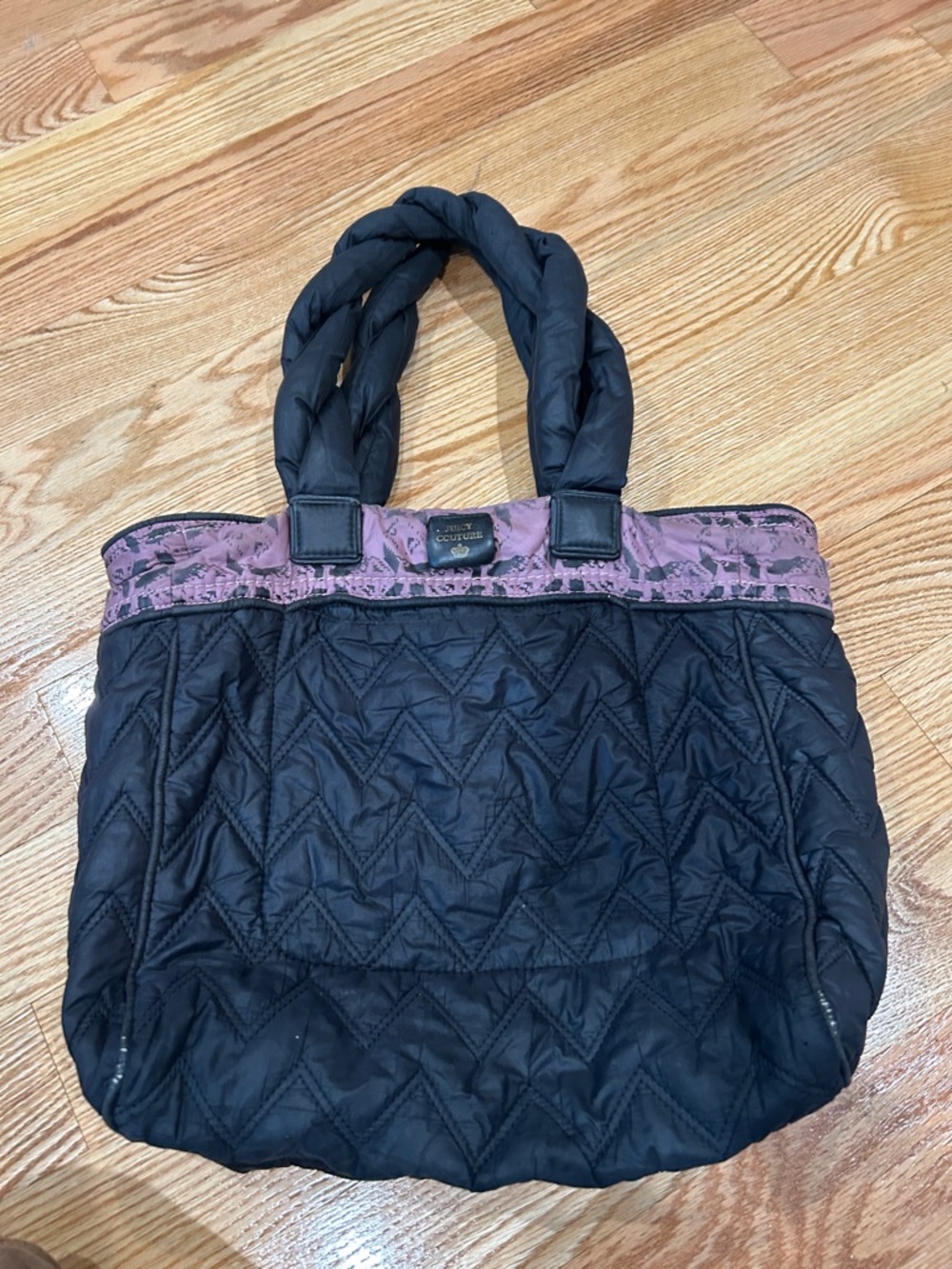 Quilted Black Tote Bag with Pink Trim
